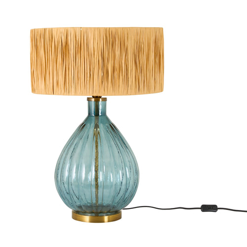 Blue Textured Glass Table Lamp with Raffia Shade 80cm