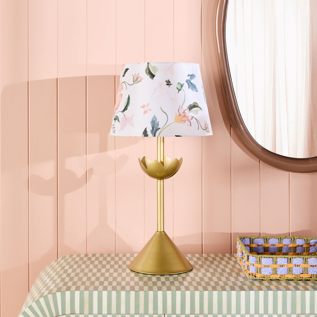 Brass-Look Table Lamp with Botanical Cotton Shade 62cm