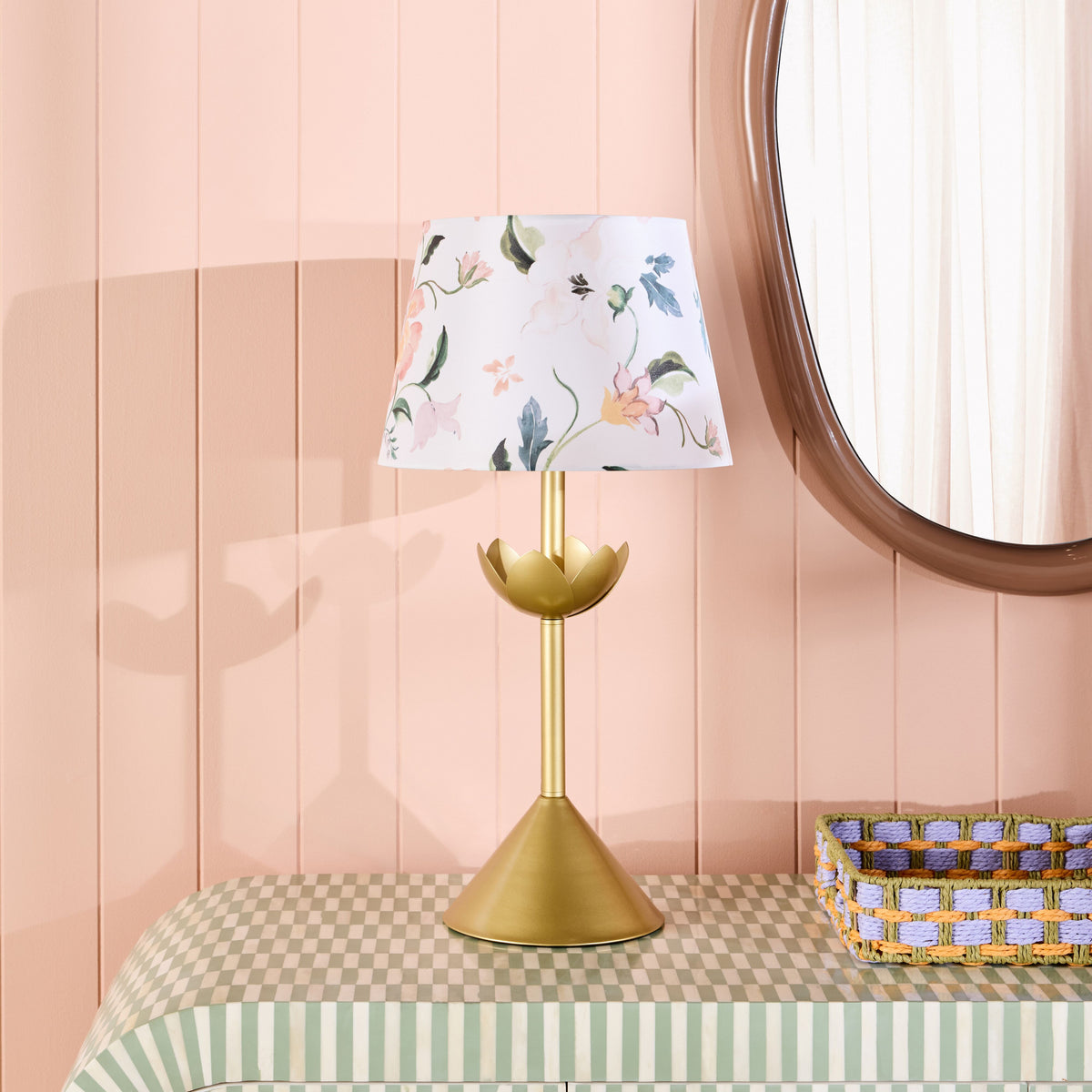Brass-Look Table Lamp with Botanical Cotton Shade 62cm