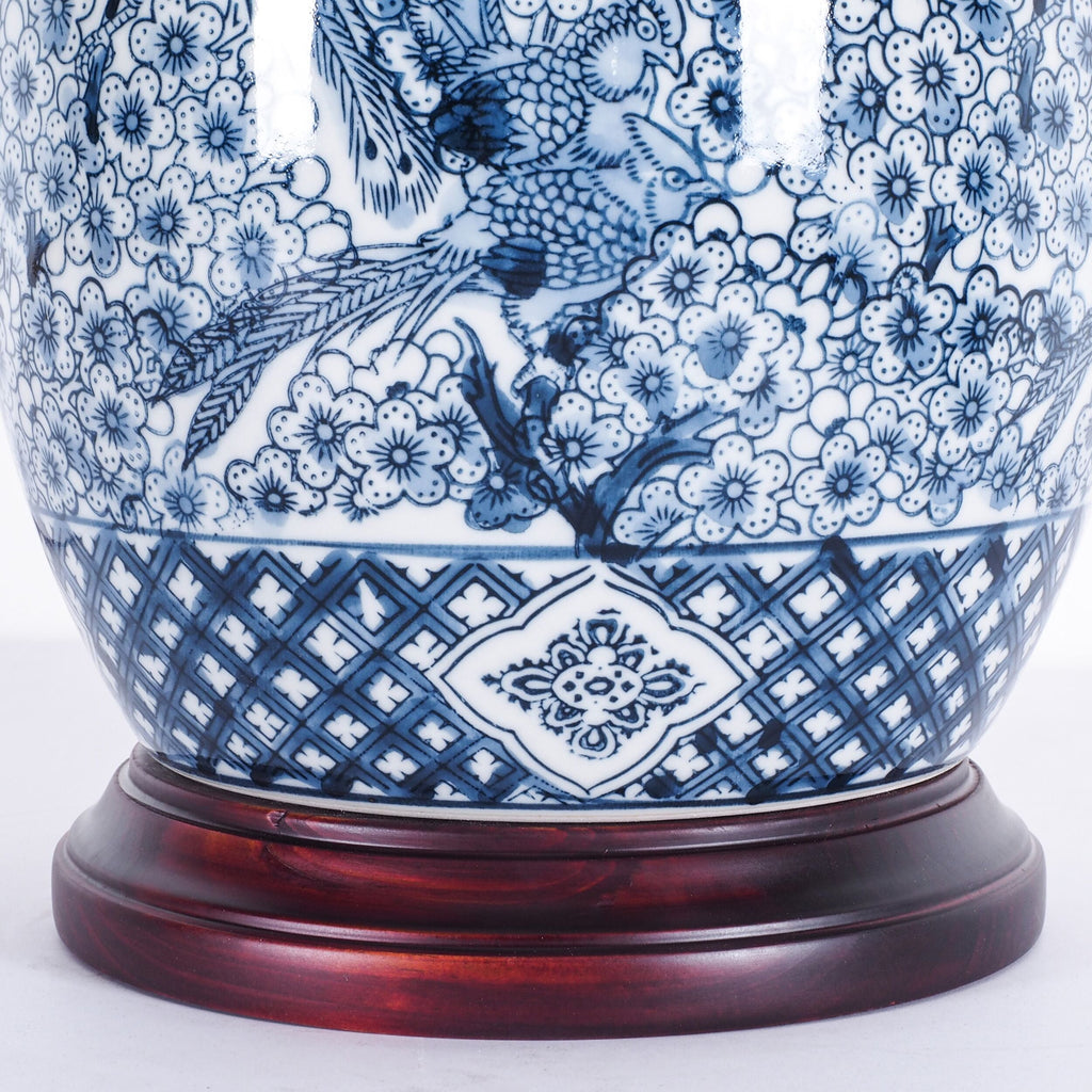 Blue Ceramic Jar Table Lamp with Timber Details 50cm