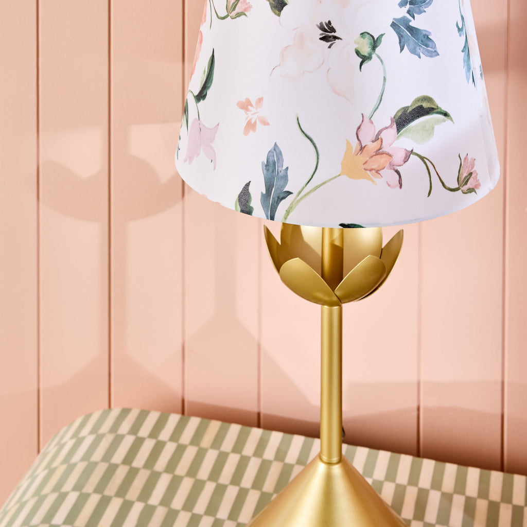 Brass-Look Table Lamp with Botanical Cotton Shade 62cm