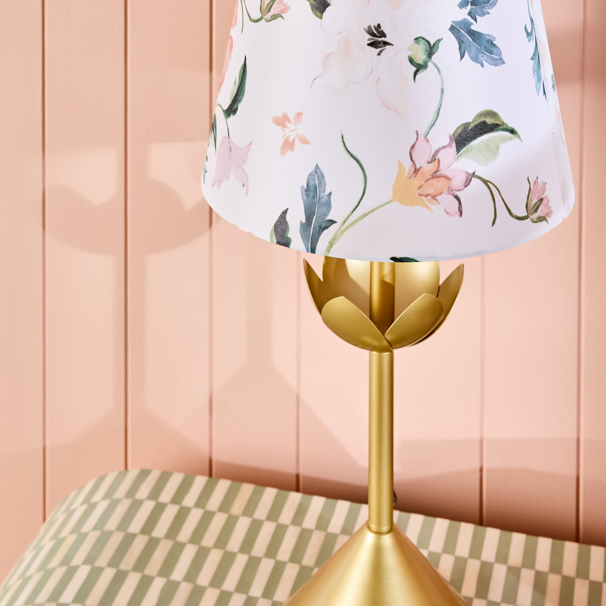 Brass-Look Table Lamp with Botanical Cotton Shade 62cm