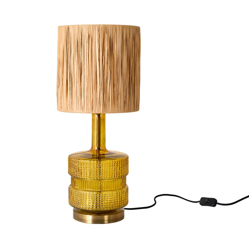 Amber Glass Table Lamp with Natural Raffia Shade 60cm