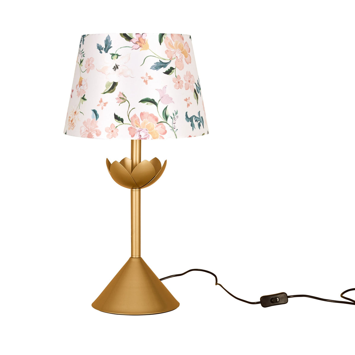 Brass-Look Table Lamp with Botanical Cotton Shade 62cm