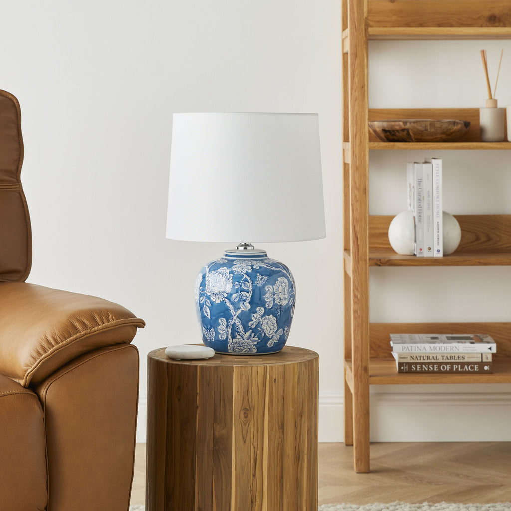 Blue Floral Ceramic Table Lamp with White Shade 46cm