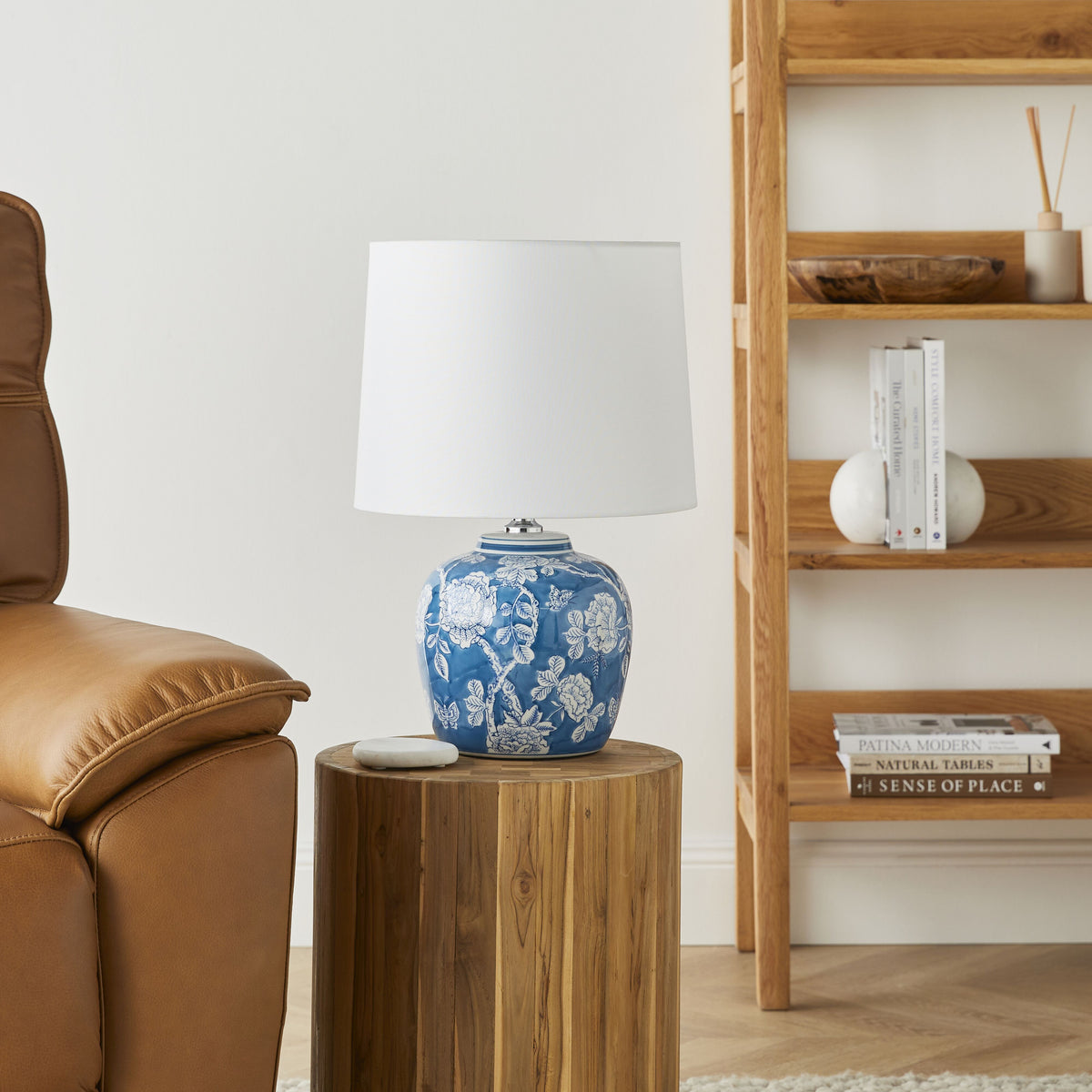 Blue Floral Ceramic Table Lamp with White Shade 46cm