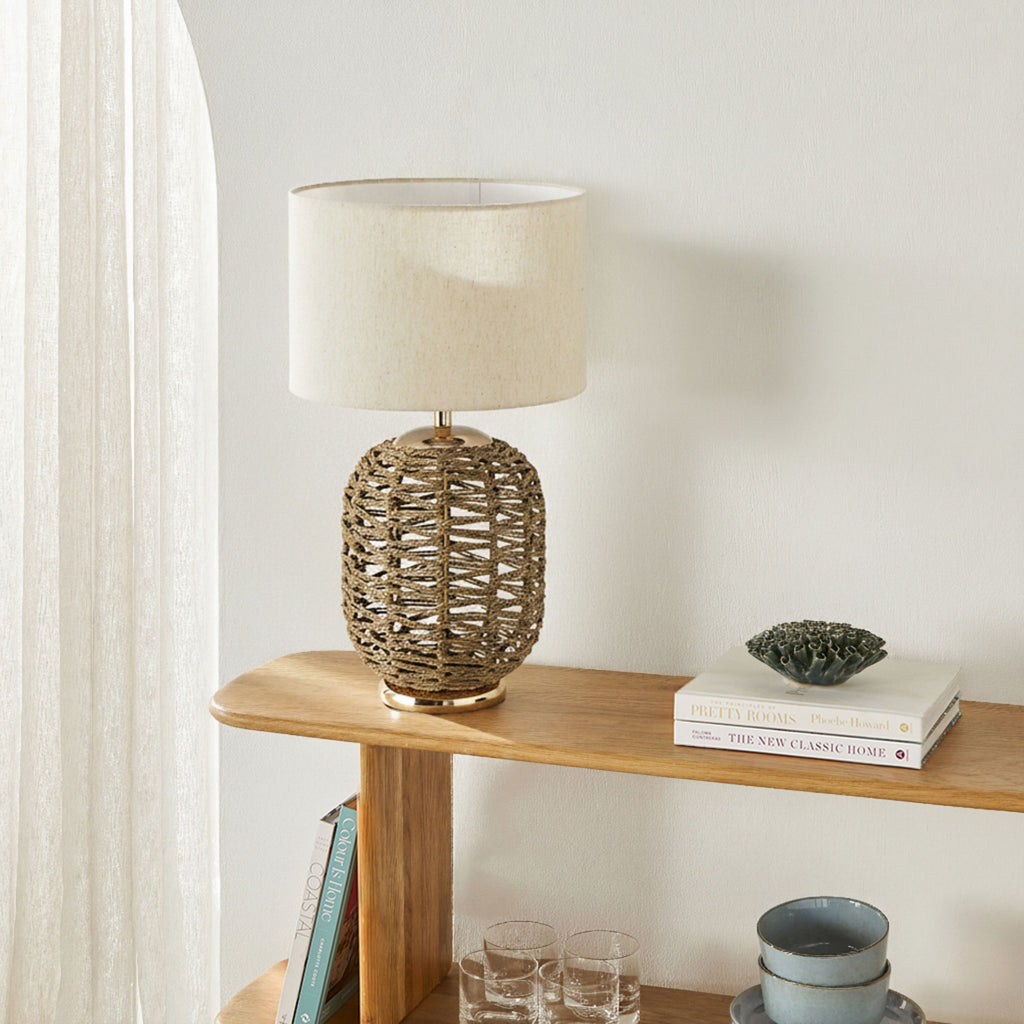 Woven Seagrass Table Lamp with Cotton Shade 52cm