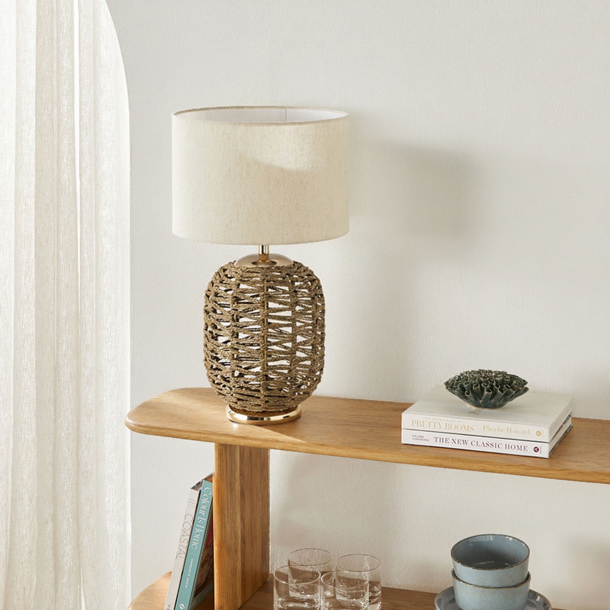 Woven Seagrass Table Lamp with Cotton Shade 52cm