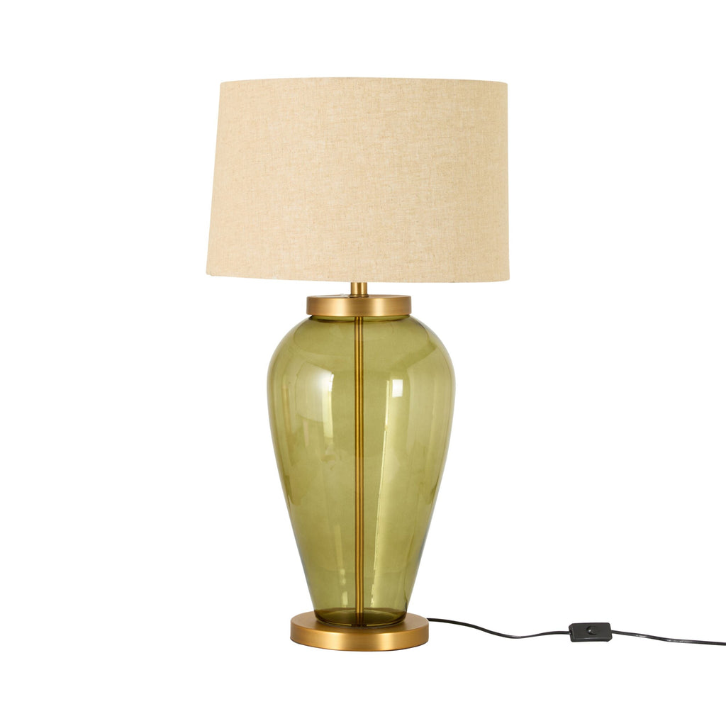 Green Glass Table Lamp with Natural Linen Shade 84cm