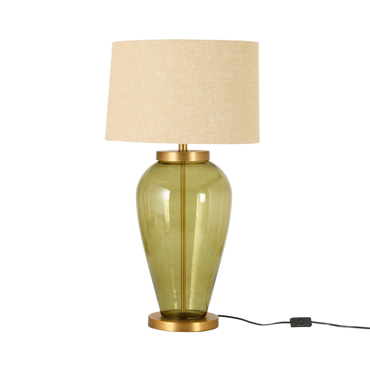 Green Glass Table Lamp with Natural Linen Shade 84cm