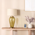 Green Glass Table Lamp with Natural Linen Shade 84cm