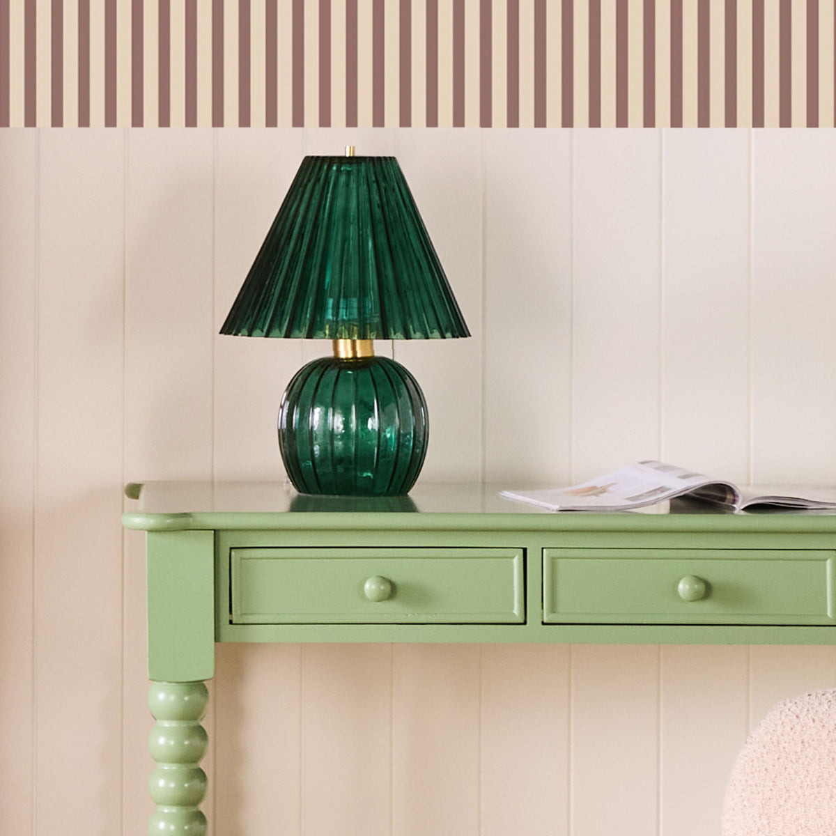 Ribbed Green Glass Table Lamp 37cm