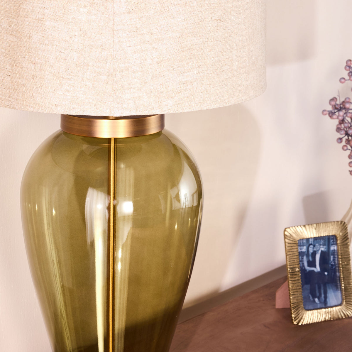 Green Glass Table Lamp with Natural Linen Shade 84cm
