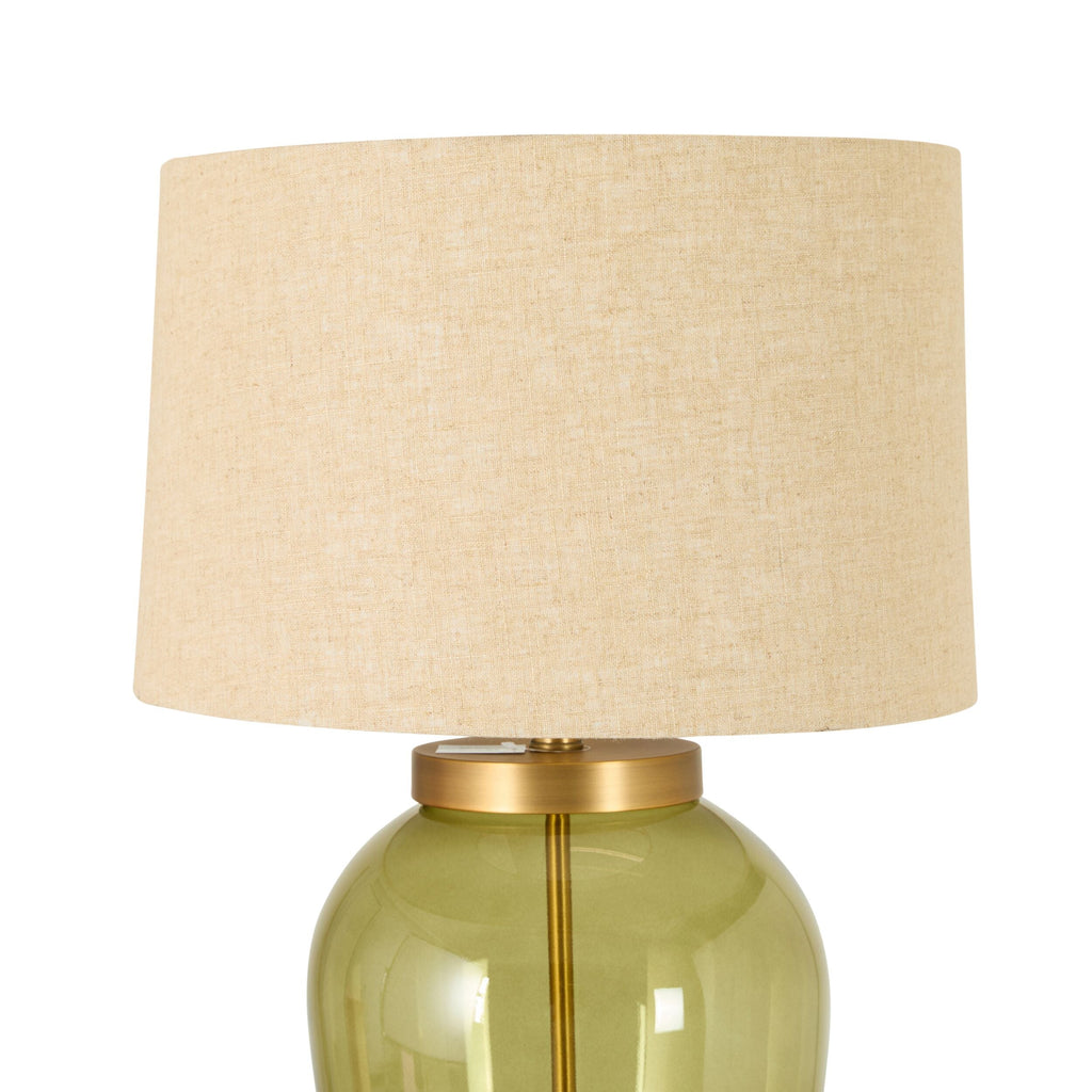 Green Glass Table Lamp with Natural Linen Shade 84cm